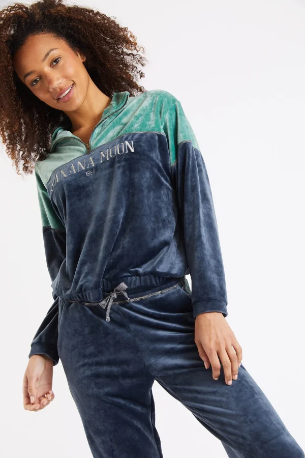 marques pas cher Banana Moon Sweat-shirt Manches Longues Velours Bleu AMIRA WILDLAKE 1