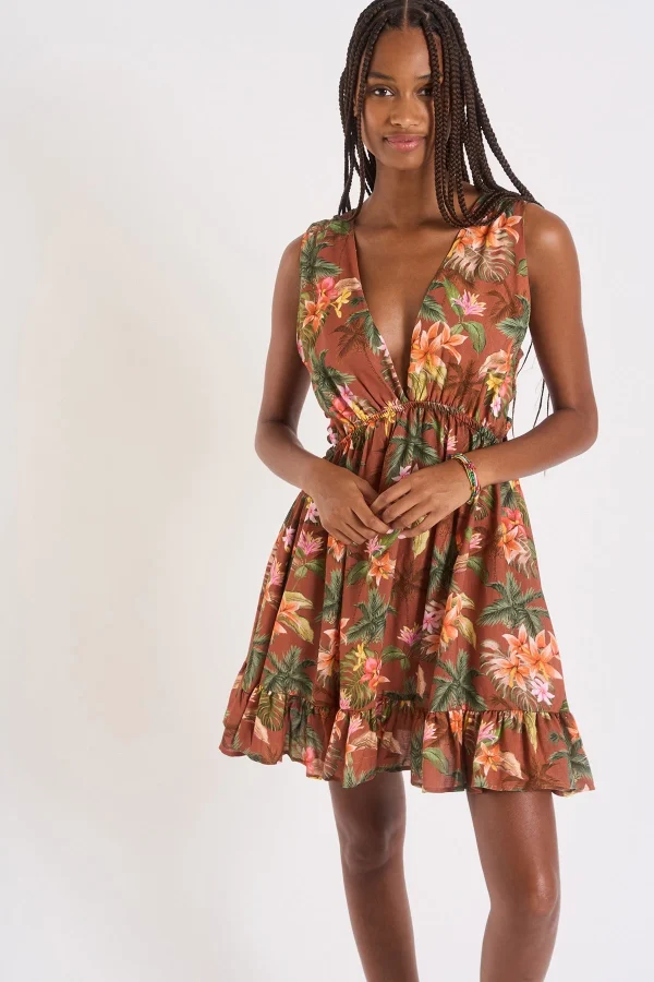 Retour gratuit en magasin. Banana Moon Robe Ouverte Marron Imprimé Tropical Elvina HANALEIDAY 1