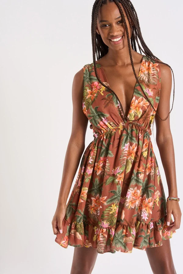 Retour gratuit en magasin. Banana Moon Robe Ouverte Marron Imprimé Tropical Elvina HANALEIDAY 3