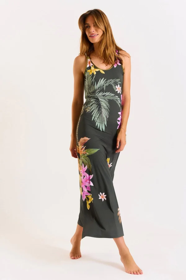 Banana Moon Robe Longue Kaki à Motif Fleurs Et Palmiers Mehiti Beachdress boutique en ligne 1