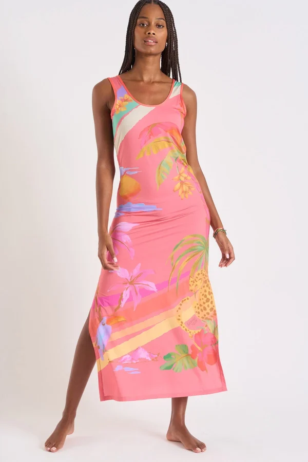 marque moins cher Banana Moon Robe Longue Rose Corail à Motif Fleurs Et Palmiers Mehiti Beachdress 1