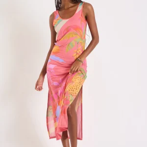 marque moins cher Banana Moon Robe Longue Rose Corail à Motif Fleurs Et Palmiers Mehiti Beachdress 10