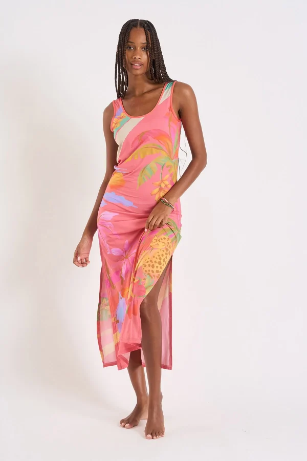 marque moins cher Banana Moon Robe Longue Rose Corail à Motif Fleurs Et Palmiers Mehiti Beachdress 3