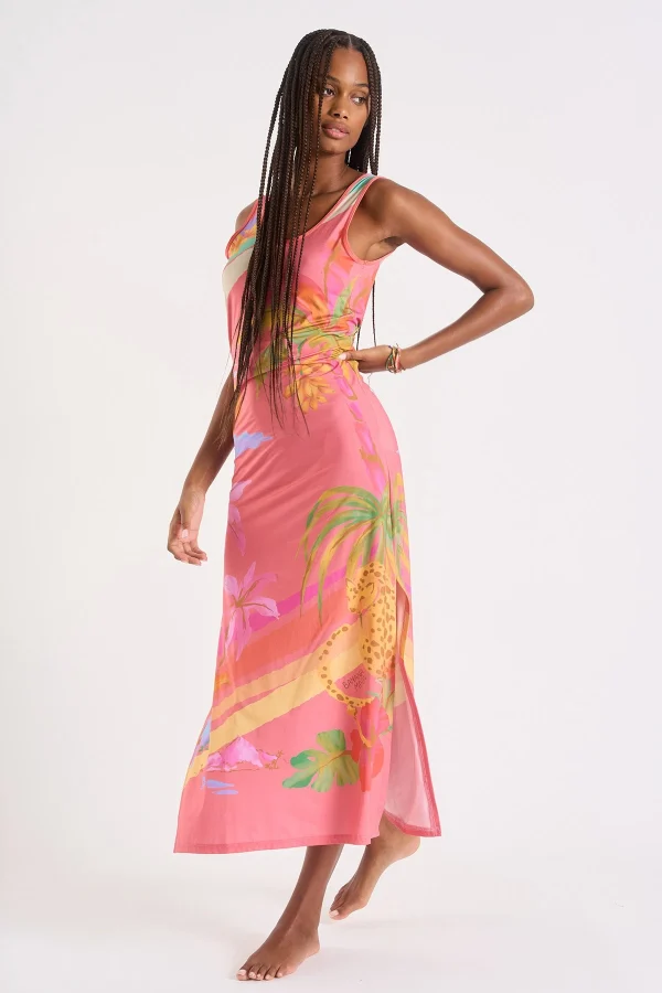 marque moins cher Banana Moon Robe Longue Rose Corail à Motif Fleurs Et Palmiers Mehiti Beachdress 4